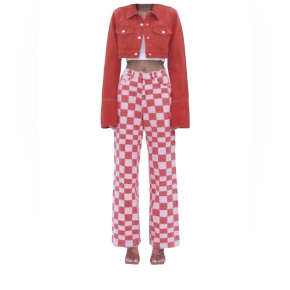 Zara Denim - Zara Wide Leg High Rise Red Pink Checkered Print Jeans Women's 4 Blogger Raw Hem